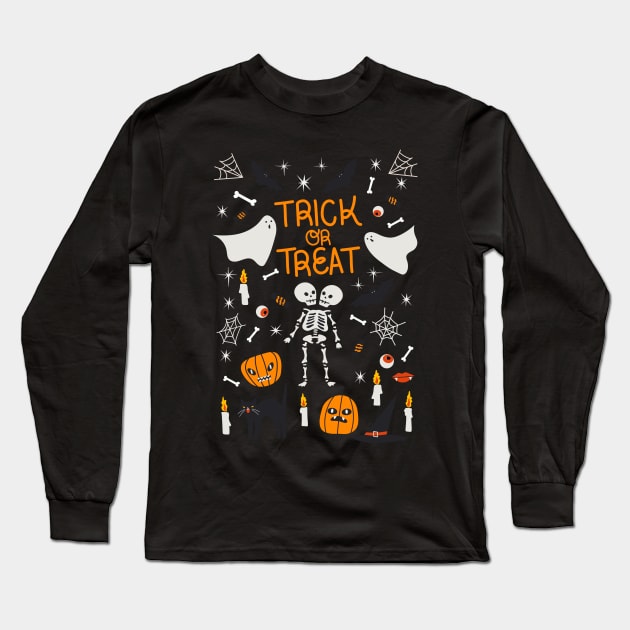 halooween, skeleton, black cat, trick or treat, ghost, bat, fire, candle, holiday, gift, for him, for her, child Long Sleeve T-Shirt by AnnaMartaFoley